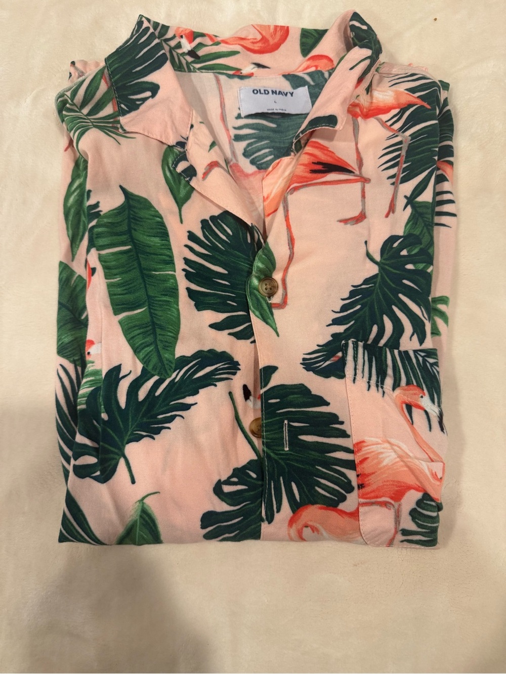Old Navy Men's Pink Flamingo & Green Leaf Button-Down Shirt
